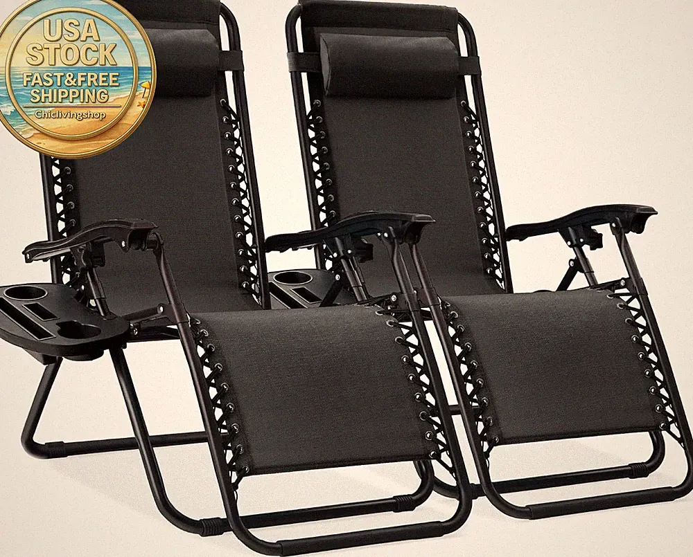 Adjustable Steel Mesh Zero Gravity Lounge Chair Recliners Set of 2 with Cup