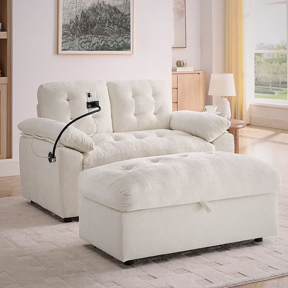Chaise Lounge Chair Indoor Leisure Sofa Chenille Fabric Loveseat Recliner Beige