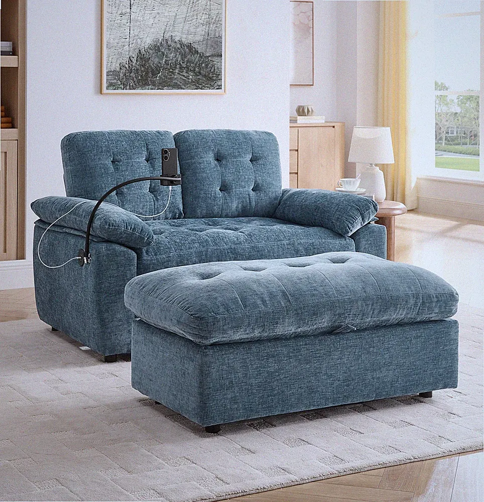 Chaise Lounge Chair Indoor Leisure Sofa Chenille Fabric Loveseat Recliner Blue