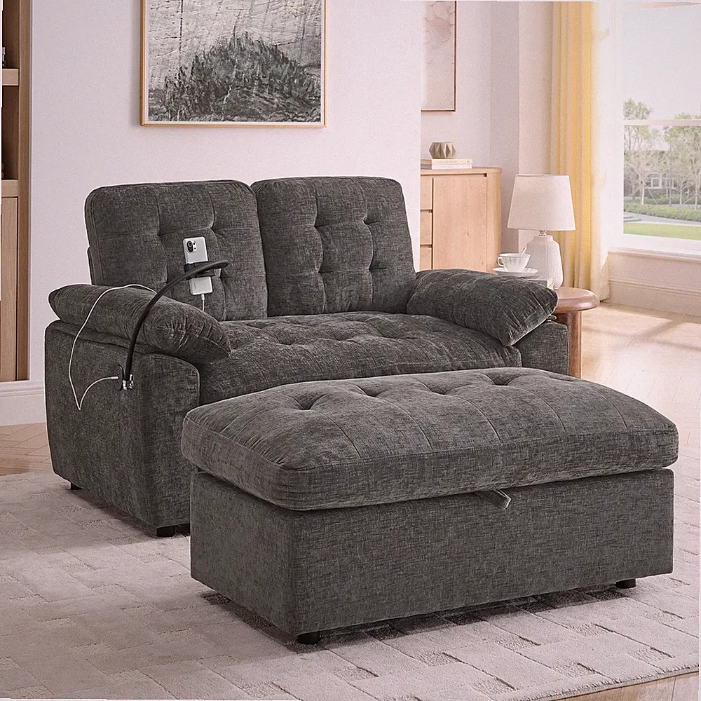 Chaise Lounge Chair Indoor Leisure Sofa Chenille Fabric Loveseat Recliner Gray