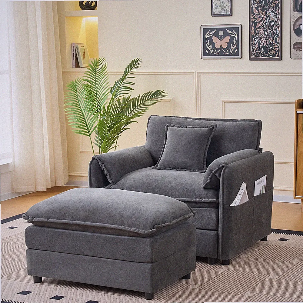 Chenille Chaise Lounge Chair Indoor Oversized Upholstered Sofa Bed +Ottoman Gray