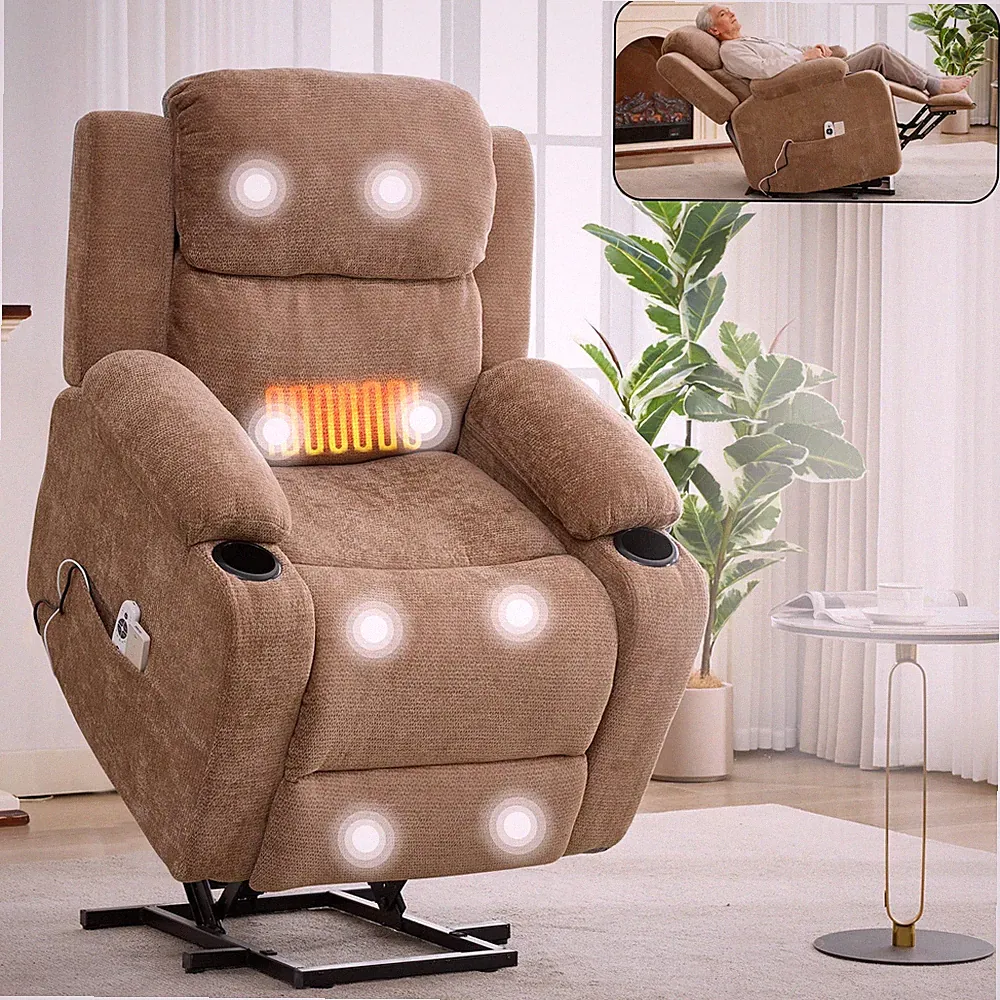 Chenille Electric Power Lift Recliner Chair with Massage and Lumbar Heating