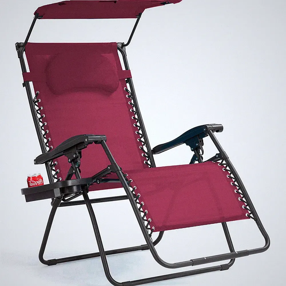Folding Recliner Zero Gravity Lounge Chair W/ Shade Canopy Cup Holder Wine