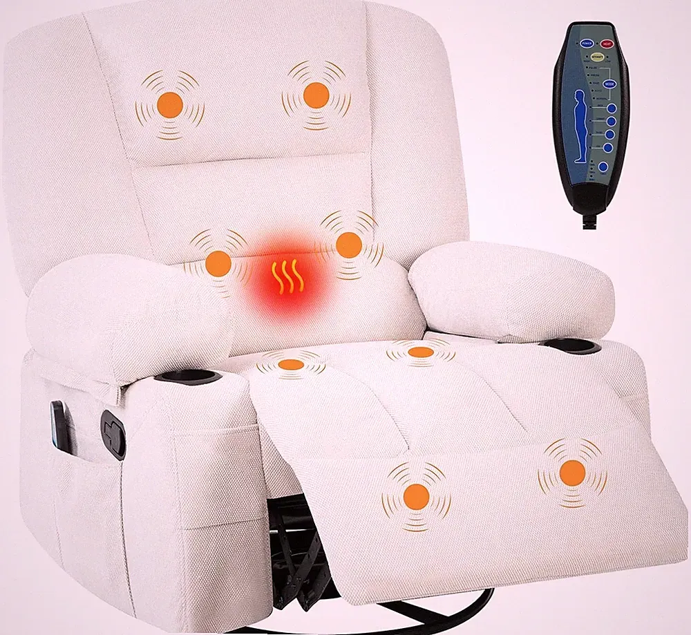 Heated Massage Recliner Chair W/ 360° Swivel Rocker, Side Pockets & Cup Holder