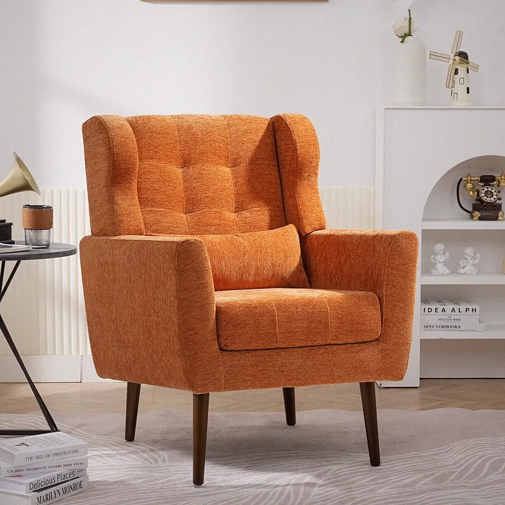 Modern Chenille Accent Chair Armchair Lounge Chair Wood LegsLiving Room Orange