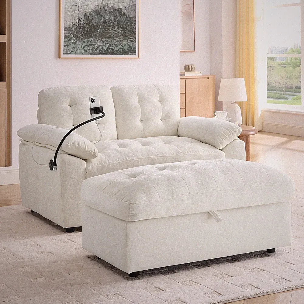 Modern Chenille Loveseat Set w/ Reclining Chaise and Storage Ottoman Small Space