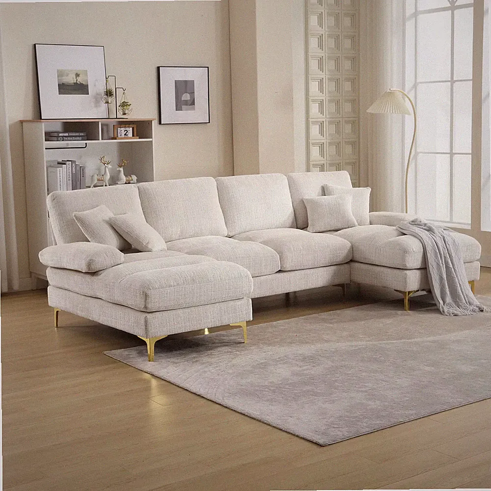 Modern Large U-Shaped Sectional Sofa, Chenille Fabric, with Double Recliners