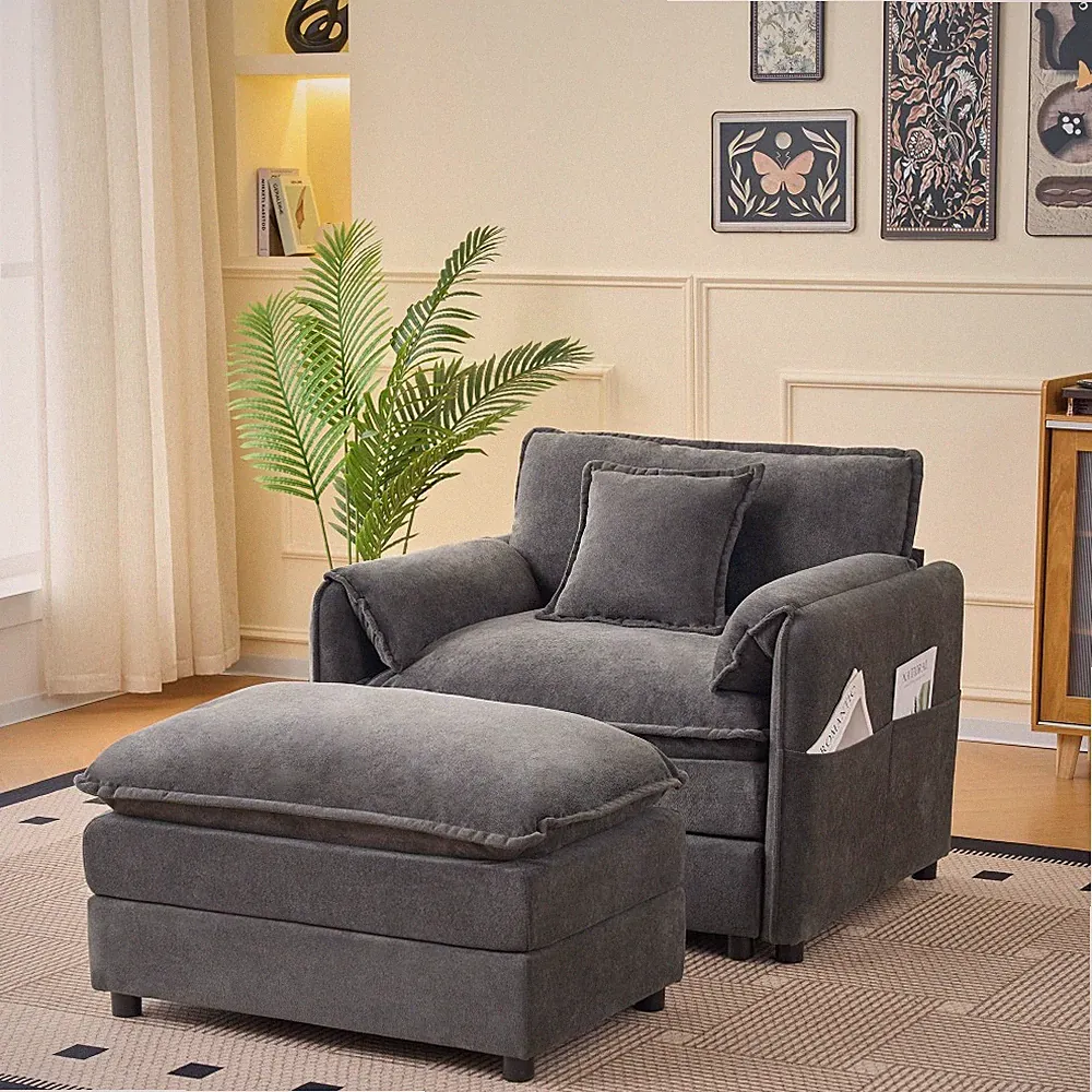 Oversized 57" Chenille Recliner Chair w/ Ottoman, Modern Grey, 2-Seat Sofa