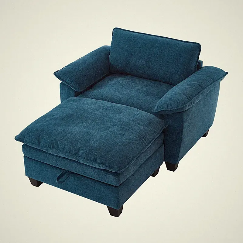 Oversized Chaise Lounge Chair Chenille Upholstered Single Sofa w/Storage Ottoman