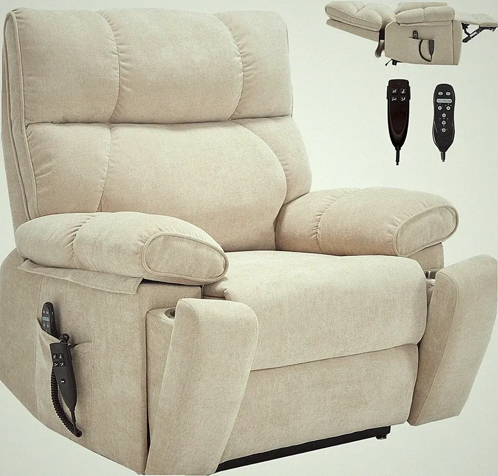Oversized Electric Lift Recliner Chair with Massage & Heat, Chenille Beige