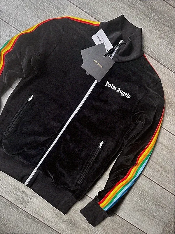 PALM ANGELS MEN'S BLACK RAINBOW CHENILLE ZIP TRACK JACKET - SMALL - NEW & TAGS