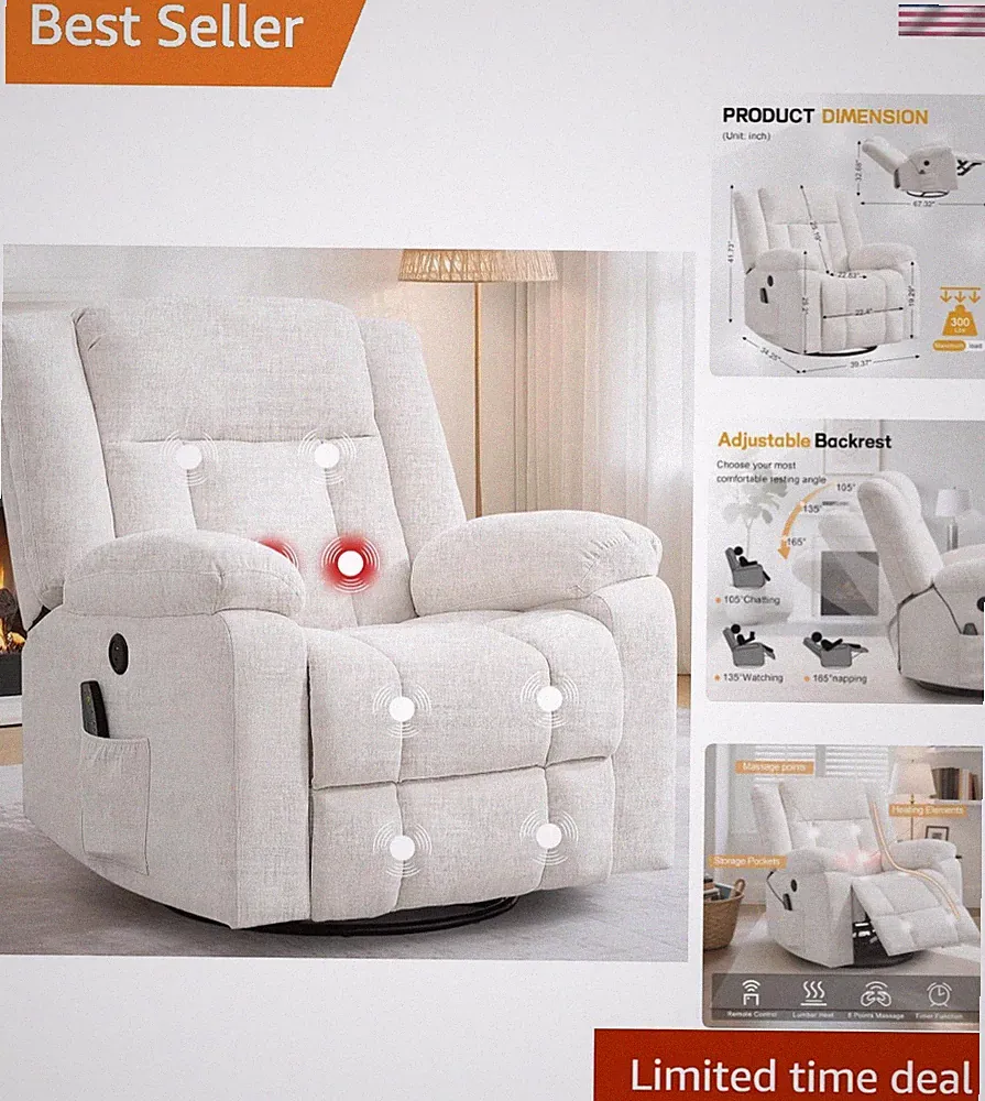 Rocker Recliner, Glider Recliner Chairs for Adults, 360° Swivel Rocking Chair...