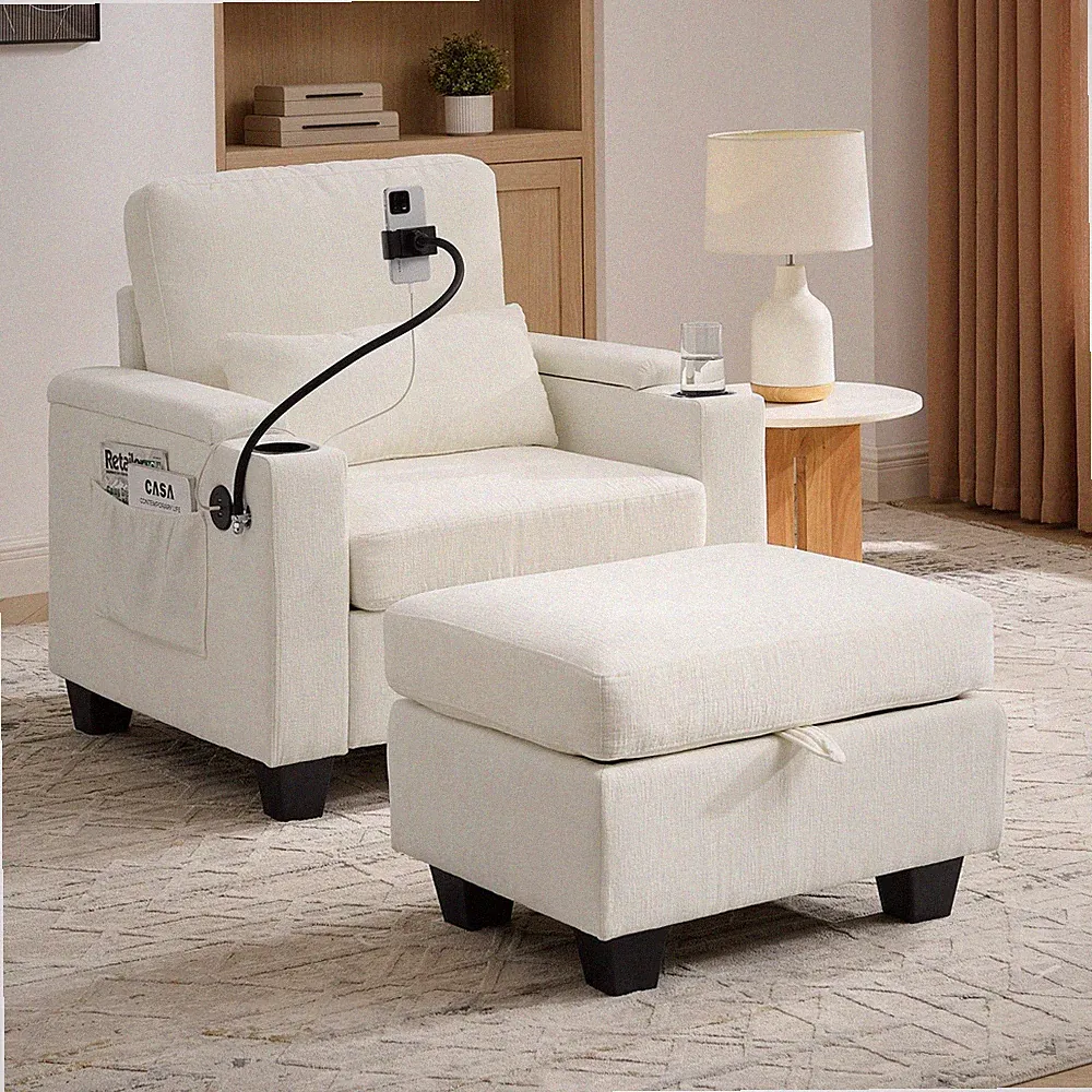Small Space Single Reclining Sofa Chaise w/ Storage Ottoman & Armrest & USB Port