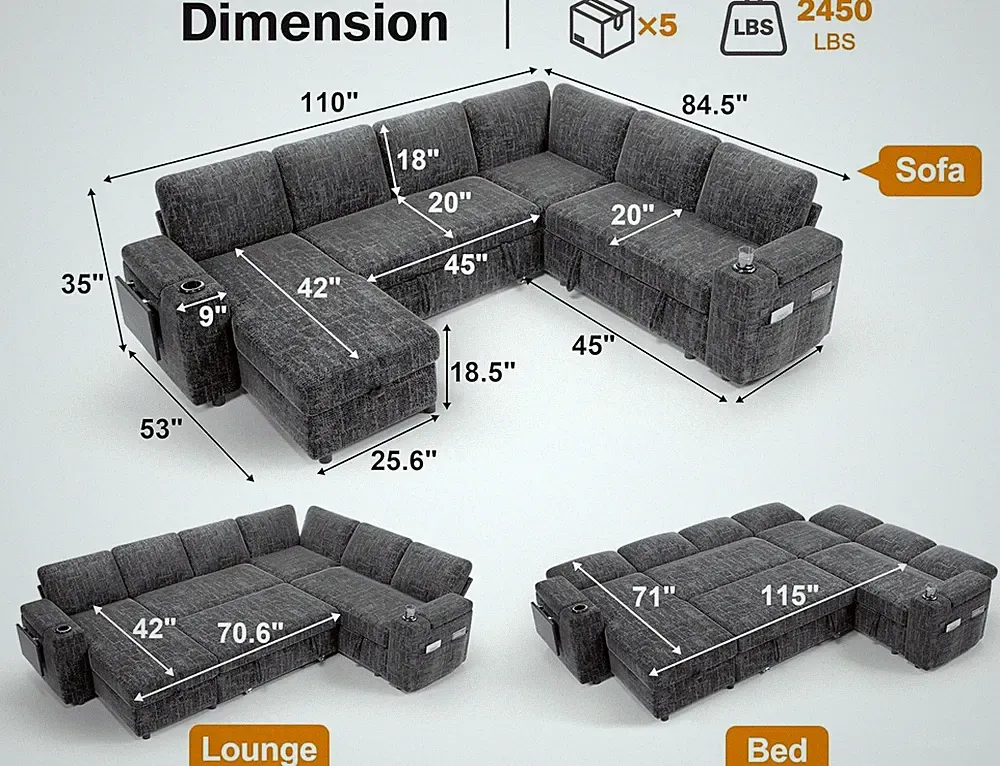 Unused|Sleep Sofa|Pull Out Bed|Reclining Backrest|USB & Type C Ports|Cup Holders