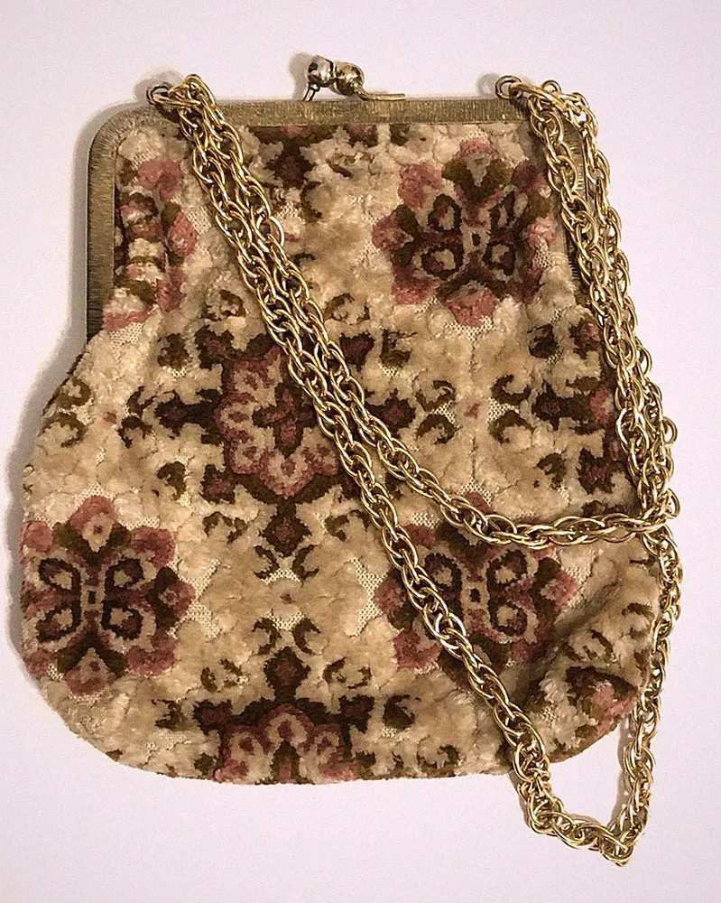 Vintage 1950's Carpet Handbag Bag Purse Velvety Chenille Made in Japan